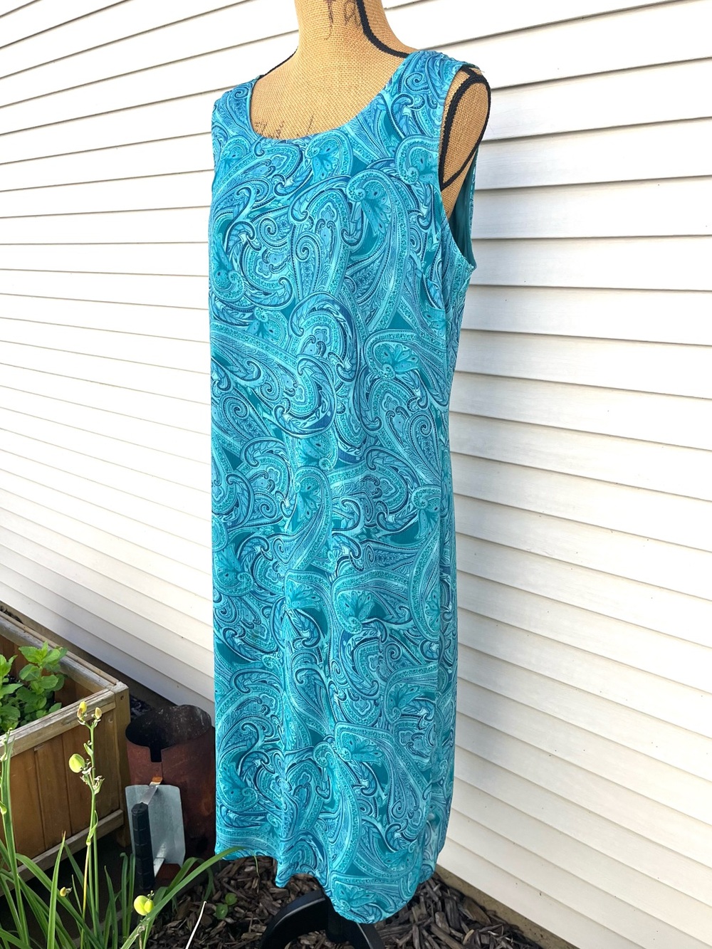 Kari New York 90s Paisley Midi Shift Dress Blue Green Size 18